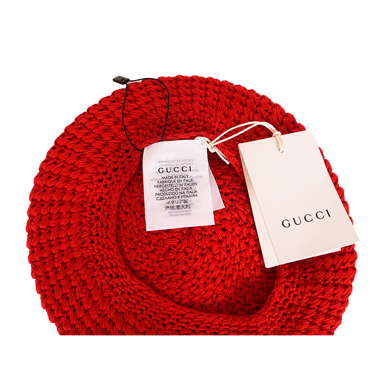 sz S NEW $495 GUCCI Runway Cherry Red Crochet Cotton Knit POM POM BERET Cute HAT