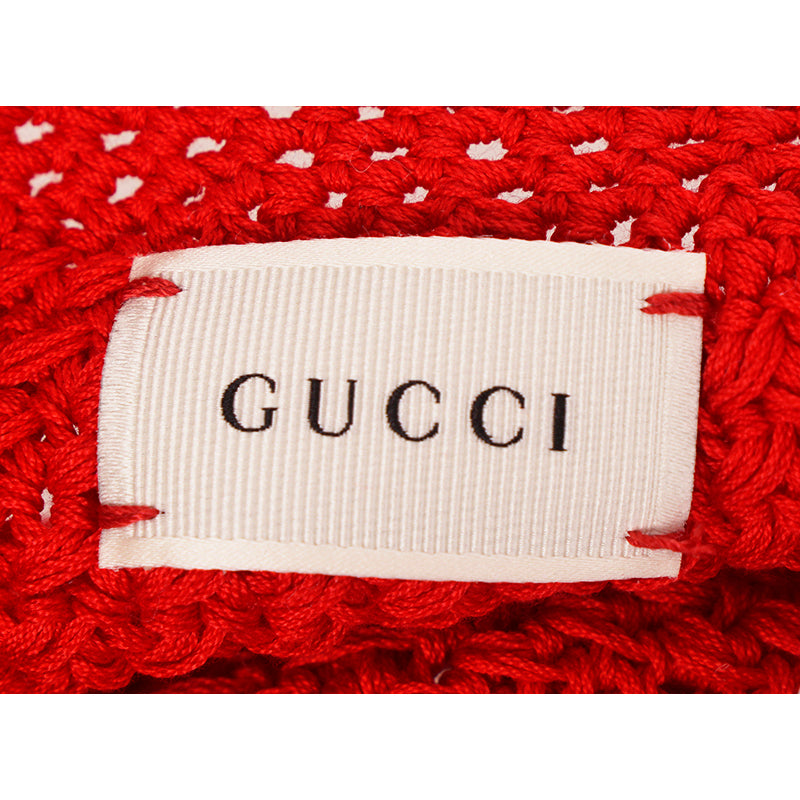 sz S NEW $495 GUCCI Runway Cherry Red Crochet Cotton Knit POM POM BERET Cute HAT