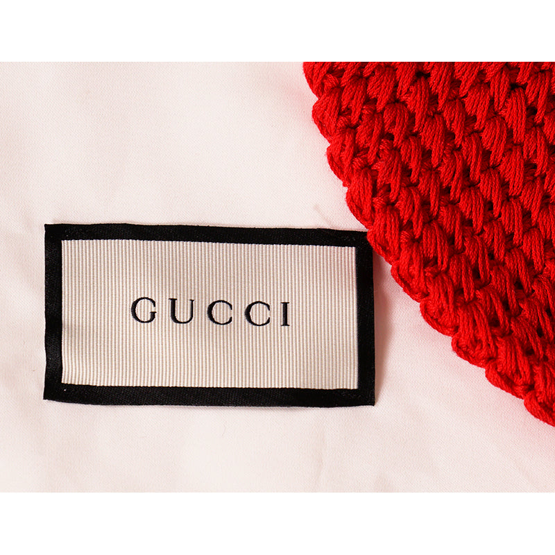 sz S NEW $495 GUCCI Runway Cherry Red Crochet Cotton Knit POM POM BERET Cute HAT