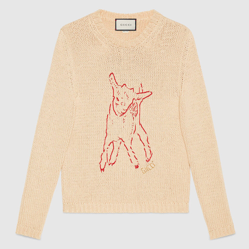sz L NEW $1800 GUCCI Men's Tan RED STICHED LAMB Knit ANIMAL MAGNETISM SWEATER