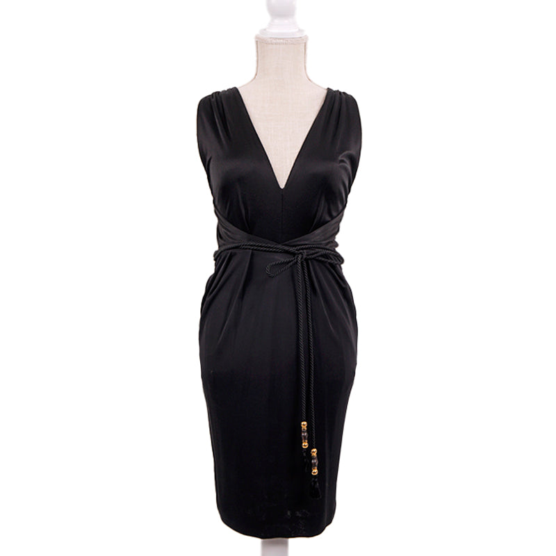 XXS NEW $1595 GUCCI Black DRAPE OPEN BACK Sleeveless CORD BAMBOO BELT DRESS LBD