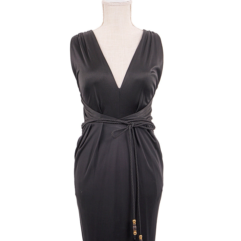 XXS NEW $1595 GUCCI Black DRAPE OPEN BACK Sleeveless CORD BAMBOO BELT DRESS LBD