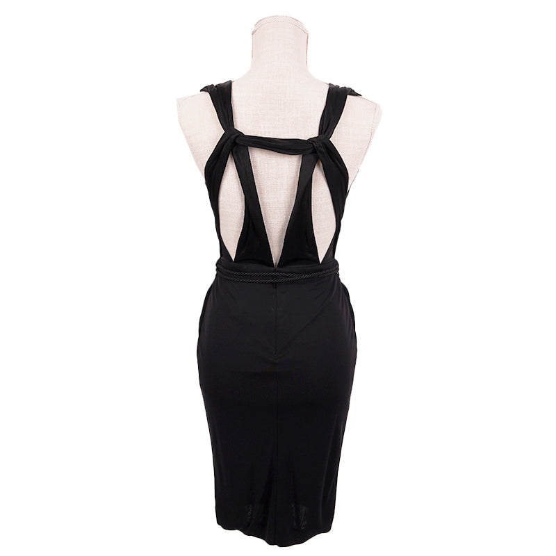 XXS NEW $1595 GUCCI Black DRAPE OPEN BACK Sleeveless CORD BAMBOO BELT DRESS LBD