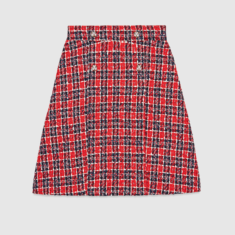 sz 40 NEW $1500 GUCCI Red Blue TWEED A-Line Pleated FELINE BUTTONS FALL SKIRT XS