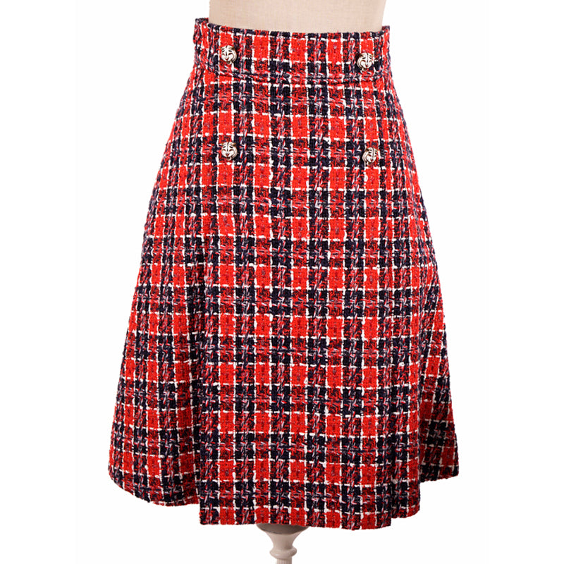 sz 40 NEW $1500 GUCCI Red Blue TWEED A-Line Pleated FELINE BUTTONS FALL SKIRT XS