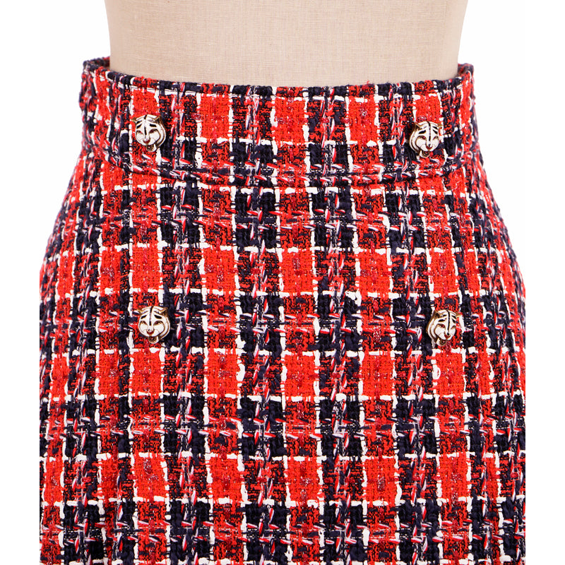 sz 40 NEW $1500 GUCCI Red Blue TWEED A-Line Pleated FELINE BUTTONS FALL SKIRT XS