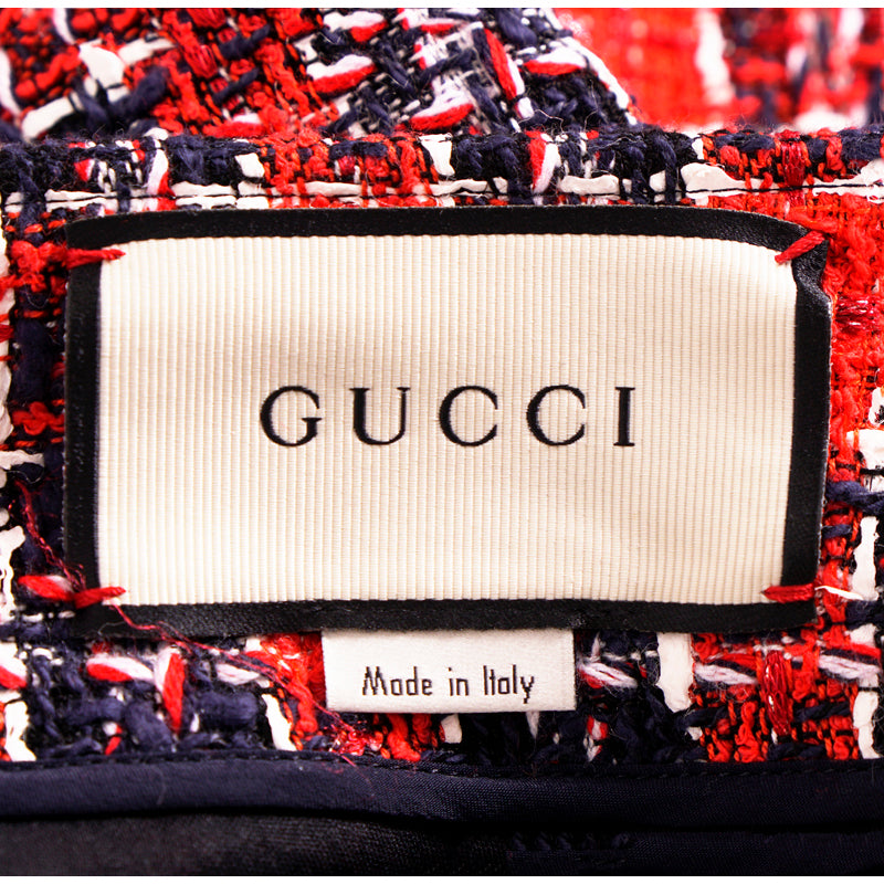 sz 40 NEW $1500 GUCCI Red Blue TWEED A-Line Pleated FELINE BUTTONS FALL SKIRT XS