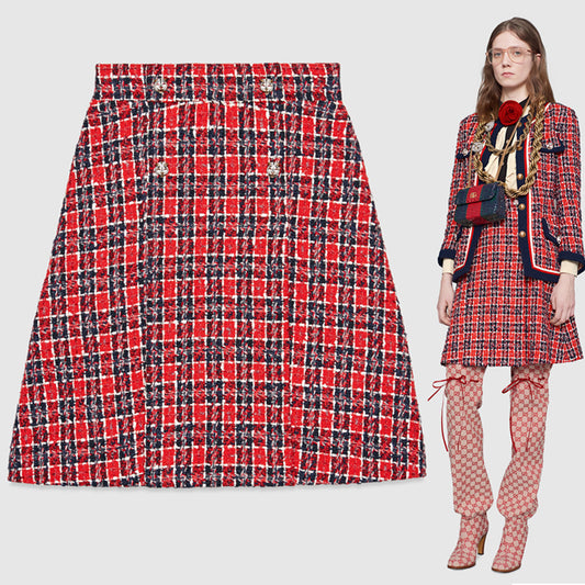 sz 40 NEW $1500 GUCCI Red Blue TWEED A-Line Pleated FELINE BUTTONS FALL SKIRT XS