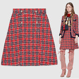 sz 40 NEW $1500 GUCCI Red Blue TWEED A-Line Pleated FELINE BUTTONS FALL SKIRT XS