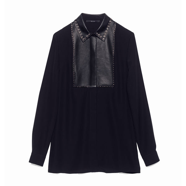 40 NEW $1450 GUCCI Black Silk LEATHER BIB TRIM & CRYSTAL STUD Blouse Shirt TOP