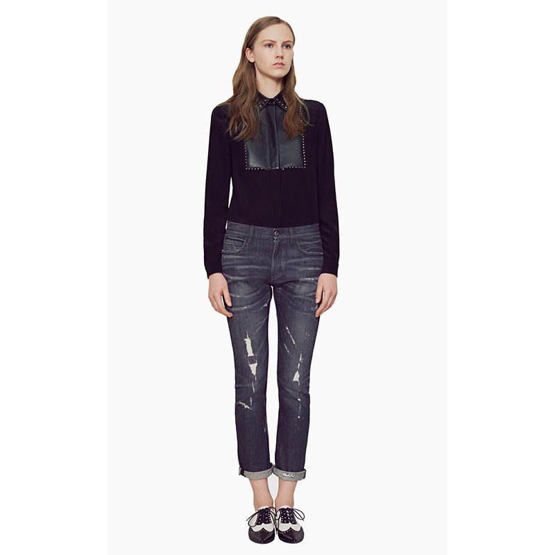 40 NEW $1450 GUCCI Black Silk LEATHER BIB TRIM & CRYSTAL STUD Blouse Shirt TOP