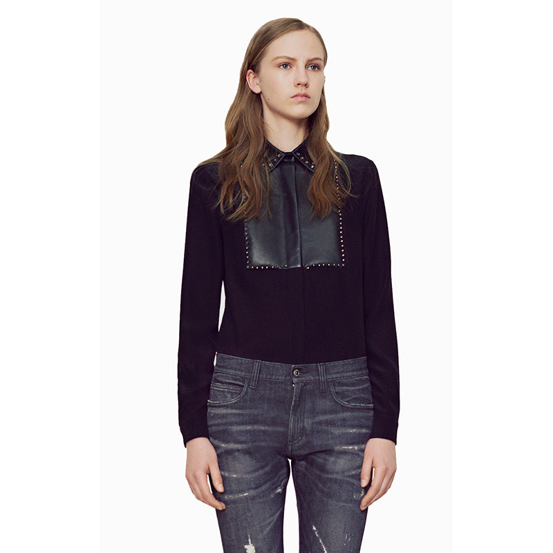 40 NEW $1450 GUCCI Black Silk LEATHER BIB TRIM & CRYSTAL STUD Blouse Shirt TOP