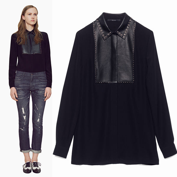 40 NEW $1450 GUCCI Black Silk LEATHER BIB TRIM & CRYSTAL STUD Blouse Shirt TOP