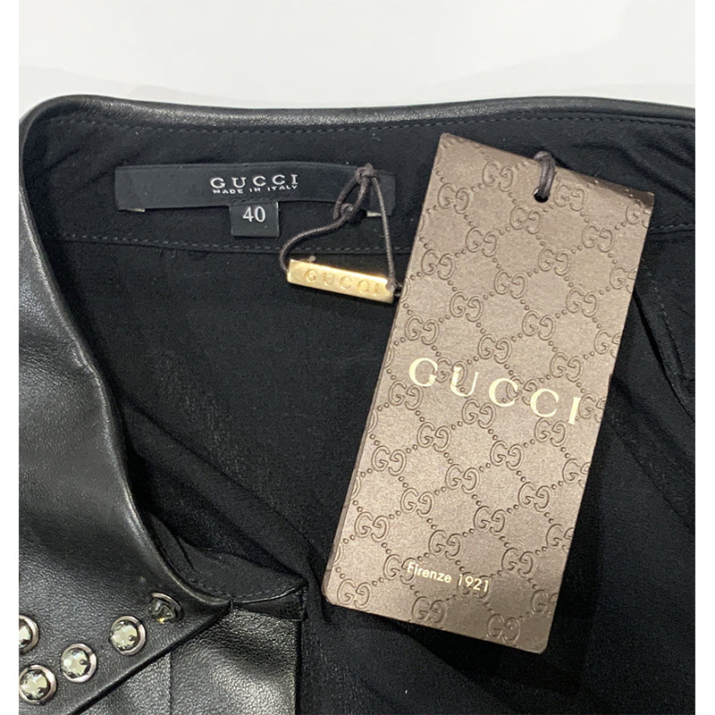 40 NEW $1450 GUCCI Black Silk LEATHER BIB TRIM & CRYSTAL STUD Blouse Shirt TOP