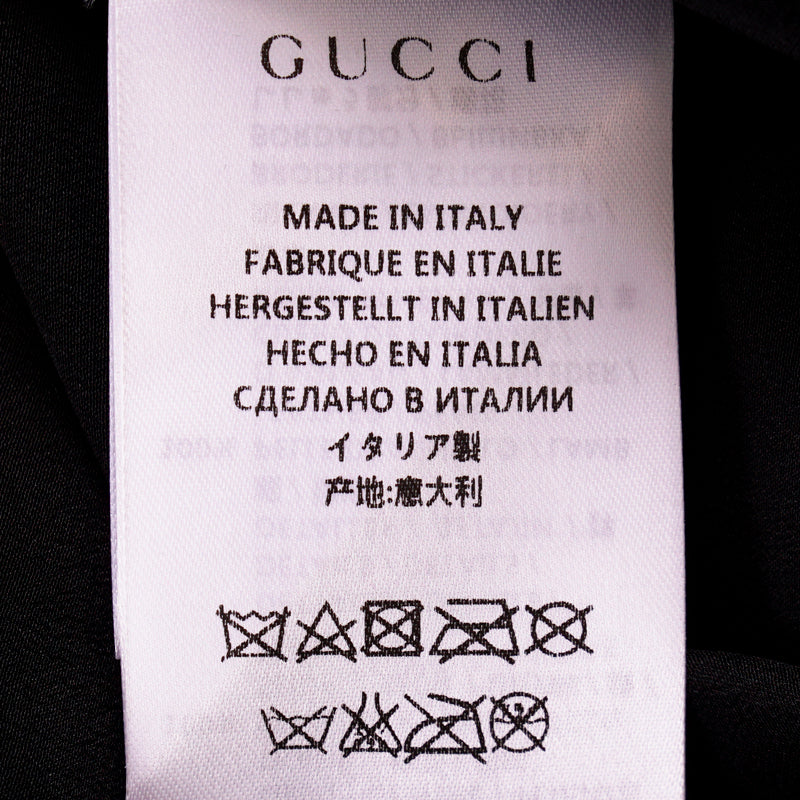 40 NEW $1450 GUCCI Black Silk LEATHER BIB TRIM & CRYSTAL STUD Blouse Shirt TOP