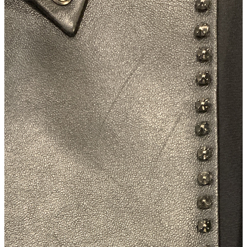 40 NEW $1450 GUCCI Black Silk LEATHER BIB TRIM & CRYSTAL STUD Blouse Shirt TOP