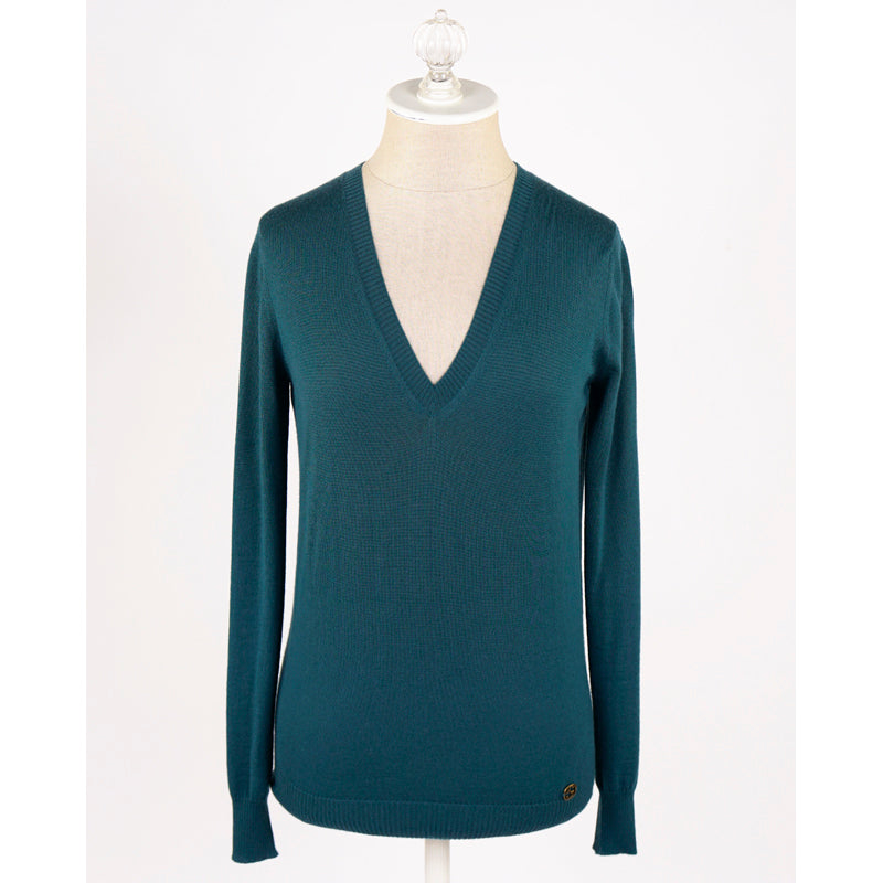 S NEW $895 GUCCI Teal 100% CASHMERE V-Neck GG LOGO COZY KNIT SWEATER TOP Vintage