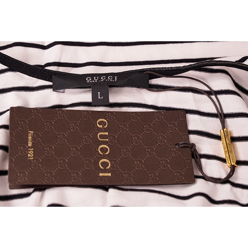 sz L NEW $795 GUCCI White Black Stripe LEATHER TRIM Summer Sleeveless Tank TOP