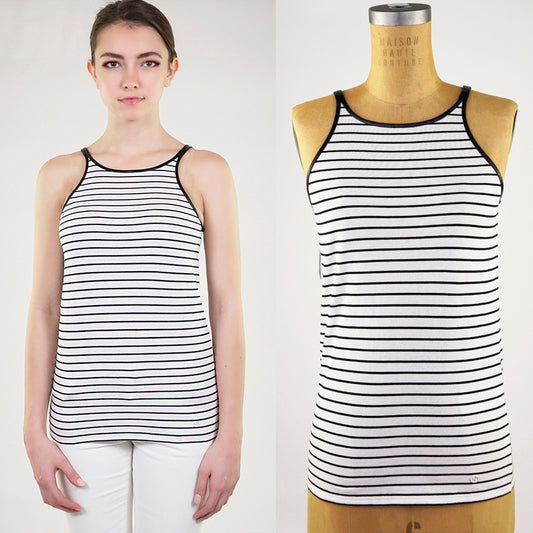 sz L NEW $795 GUCCI White Black Stripe LEATHER TRIM Summer Sleeveless Tank TOP