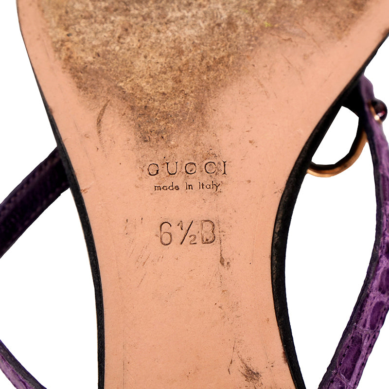 6.5 VINTAGE GUCCI TOM FORD Purple Crocodile Leather HORSEBIT SNAKE JEWEL SANDALS