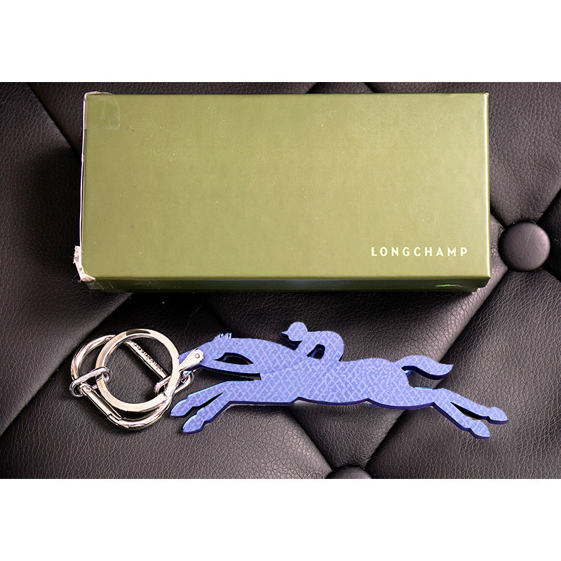 NEW LONGCHAMP Blue leather LOGO HORSE Keychain FOB KEYRING Retired Color NIB