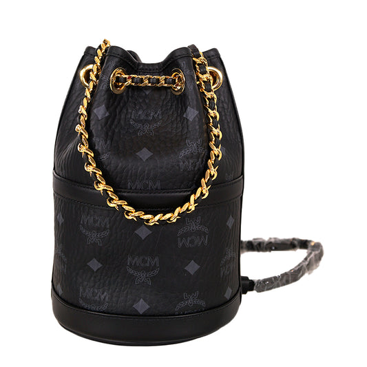 NEW $950 MCM Black Logo Monogram Visetos AREN VI Mini 2Way DRAWSTRING BUCKET BAG