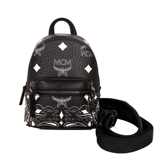 NEW $990 MCM Black Visetos White Logo Stark WESTERN BANDANA VI MINI BACKPACK BAG