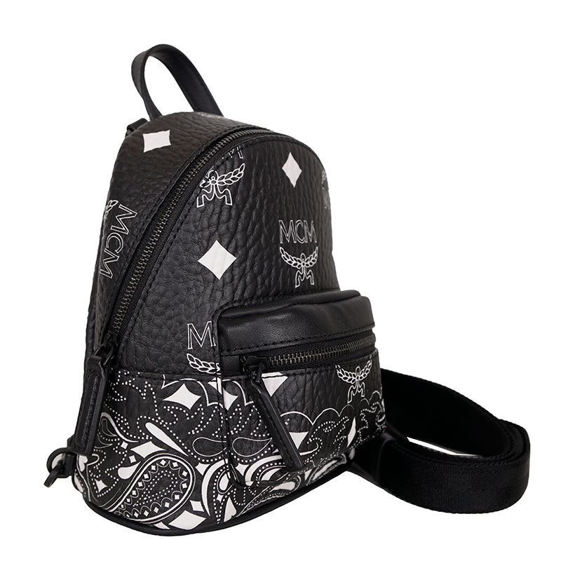 NEW $990 MCM Black Visetos White Logo Stark WESTERN BANDANA VI MINI BACKPACK BAG