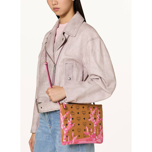 NEW $550 MCM Pink Ocean Coral LOGO Mountain Collection Crossbody Flat POUCH BAG