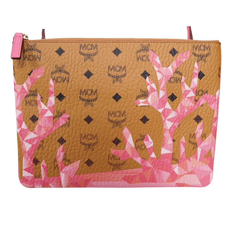 NEW $550 MCM Pink Ocean Coral LOGO Mountain Collection Crossbody Flat POUCH BAG