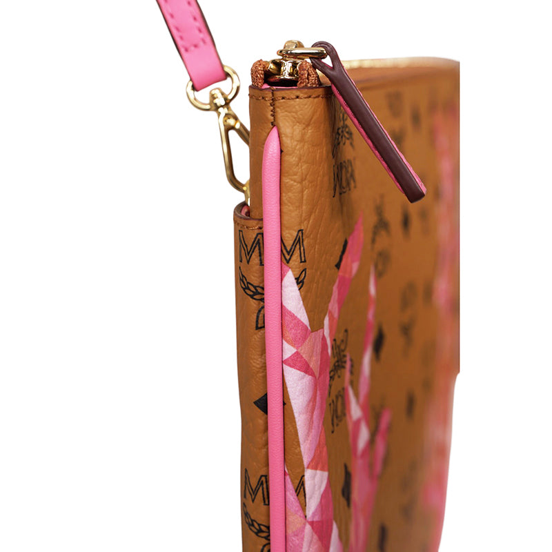 NEW $550 MCM Pink Ocean Coral LOGO Mountain Collection Crossbody Flat POUCH BAG