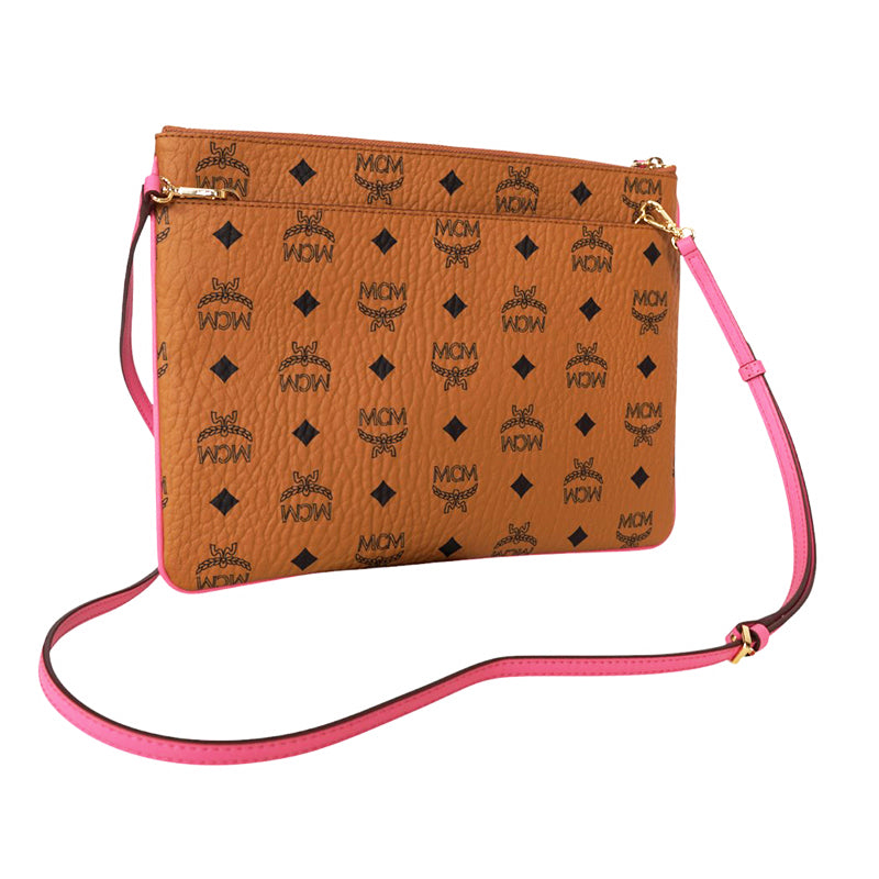 NEW $550 MCM Pink Ocean Coral LOGO Mountain Collection Crossbody Flat POUCH BAG