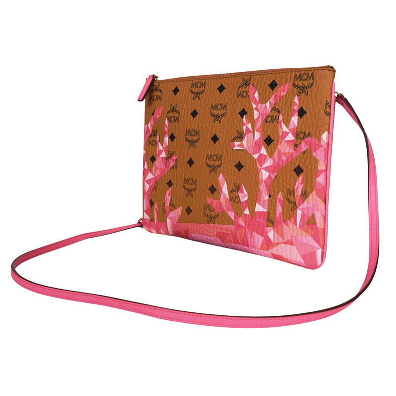 NEW $550 MCM Pink Ocean Coral LOGO Mountain Collection Crossbody Flat POUCH BAG