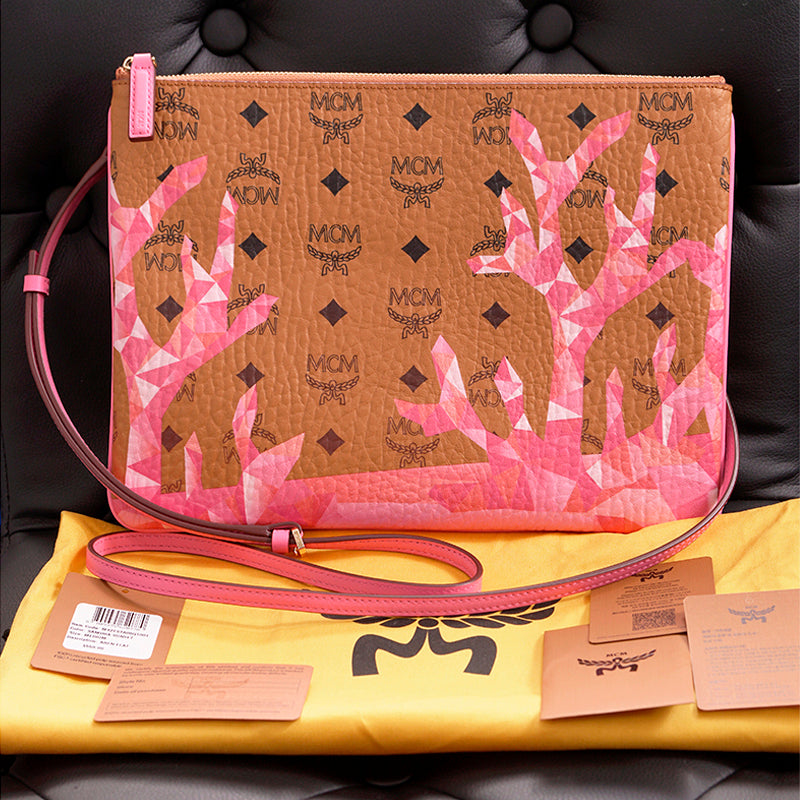 NEW $550 MCM Pink Ocean Coral LOGO Mountain Collection Crossbody Flat POUCH BAG