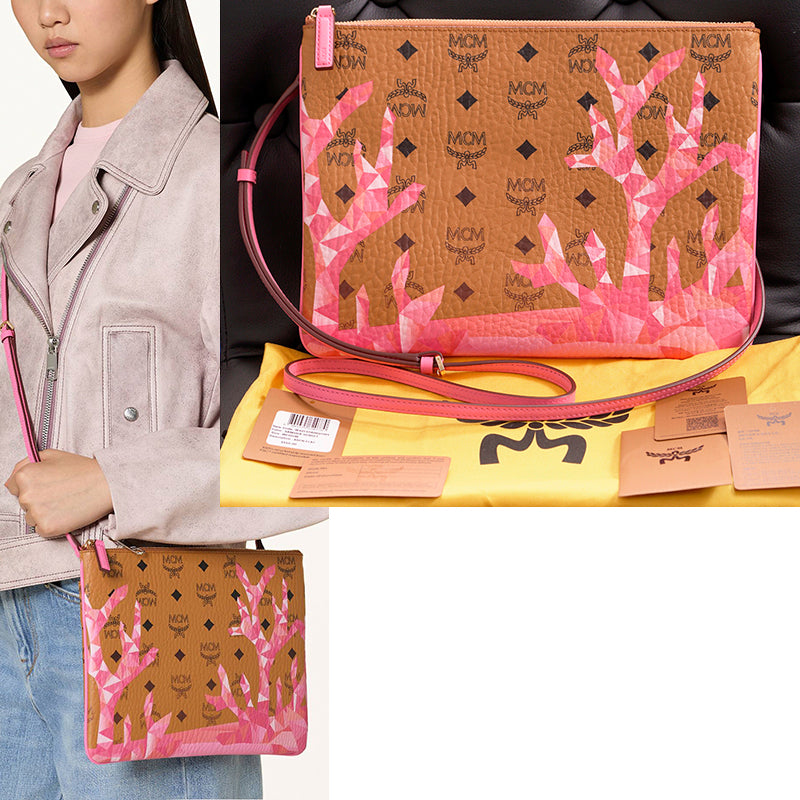 NEW $550 MCM Pink Ocean Coral LOGO Mountain Collection Crossbody Flat POUCH BAG