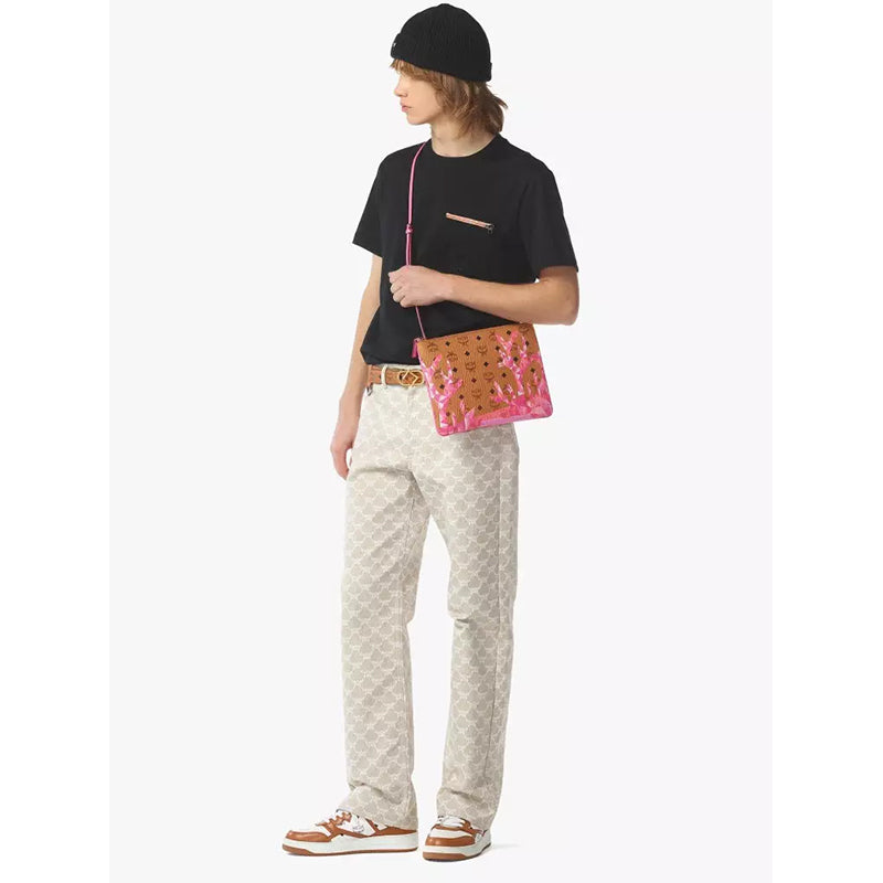 NEW $550 MCM Pink Ocean Coral LOGO Mountain Collection Crossbody Flat POUCH BAG