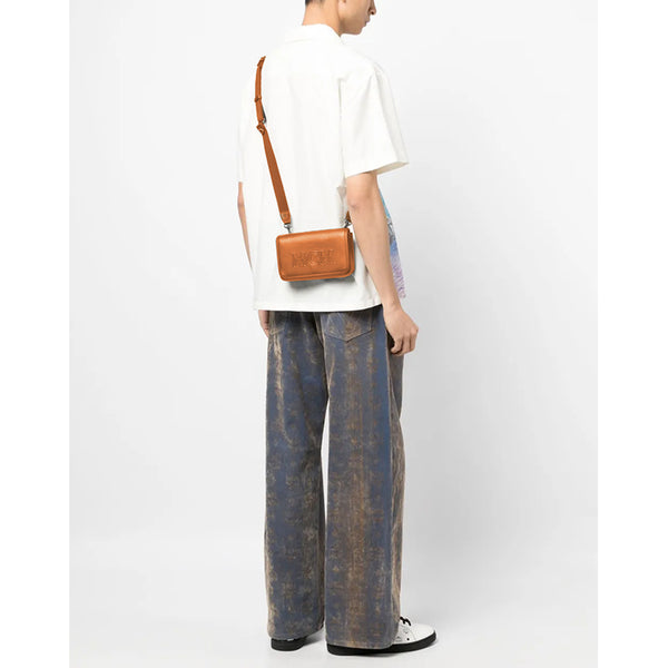 NEW $730 MCM Cognac Brown Leather MINI AREN LOGO Messenger CROSSBODY BAG NWT