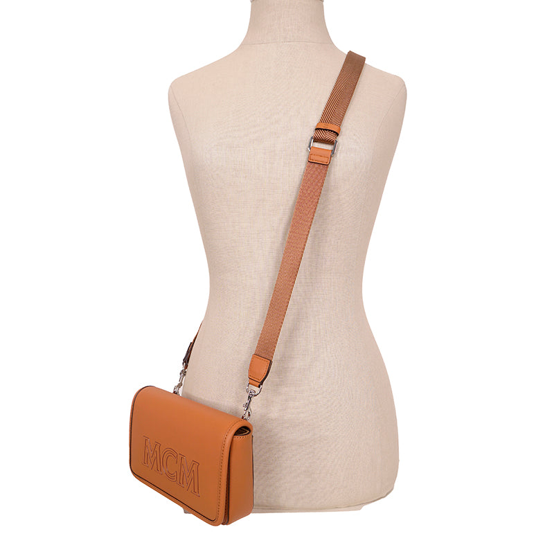 NEW $730 MCM Cognac Brown Leather MINI AREN LOGO Messenger CROSSBODY BAG NWT