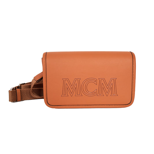 NEW $730 MCM Cognac Brown Leather MINI AREN LOGO Messenger CROSSBODY BAG NWT