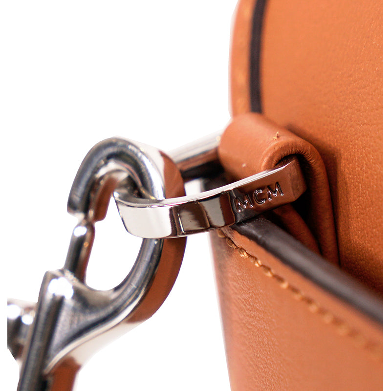NEW $730 MCM Cognac Brown Leather MINI AREN LOGO Messenger CROSSBODY BAG NWT