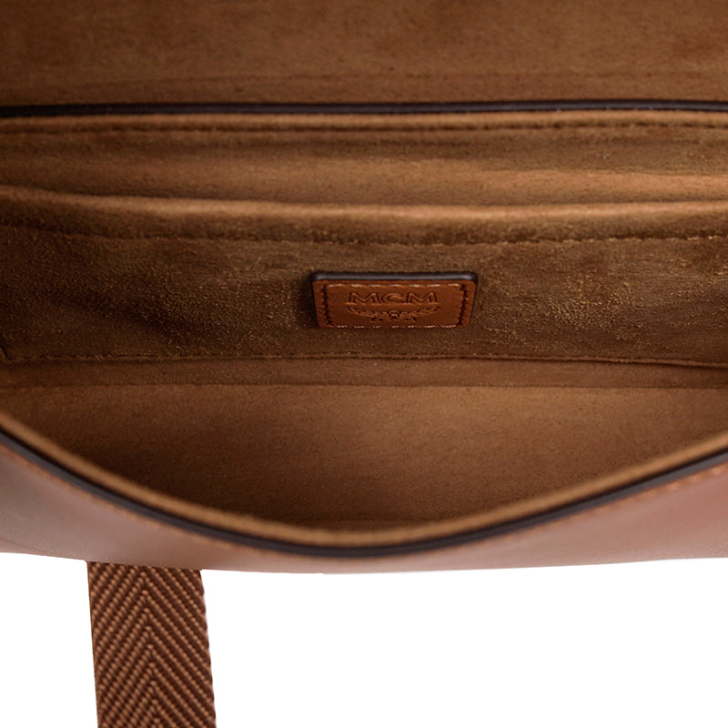 NEW $730 MCM Cognac Brown Leather MINI AREN LOGO Messenger CROSSBODY BAG NWT