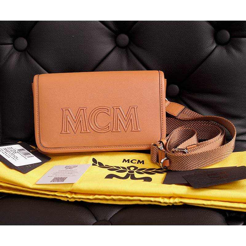NEW $730 MCM Cognac Brown Leather MINI AREN LOGO Messenger CROSSBODY BAG NWT