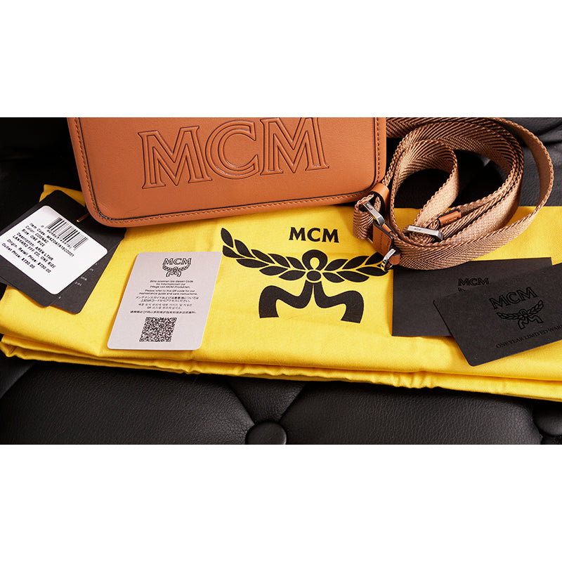NEW $730 MCM Cognac Brown Leather MINI AREN LOGO Messenger CROSSBODY BAG NWT