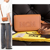 NEW $730 MCM Cognac Brown Leather MINI AREN LOGO Messenger CROSSBODY BAG NWT
