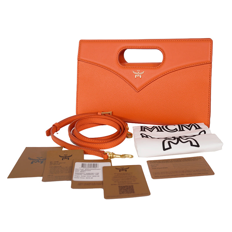 NEW $930 MCM Orange Calf Leather LAUREL LOGO Small Diamond TOTE BAG & STRAP NWT