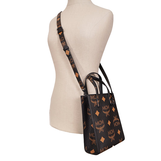 NEW $690 MCM Black Coated Canvas MINI AREN ORANGE LOGO Visetos CROSSBODY BAG NWT