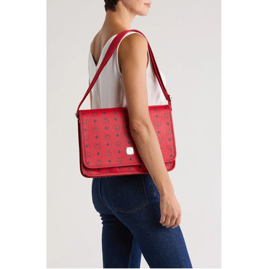 NEW $880 MCM Candy Red Pebble Leather Blue AREN LOGO Messenger Crossbody BAG NWT