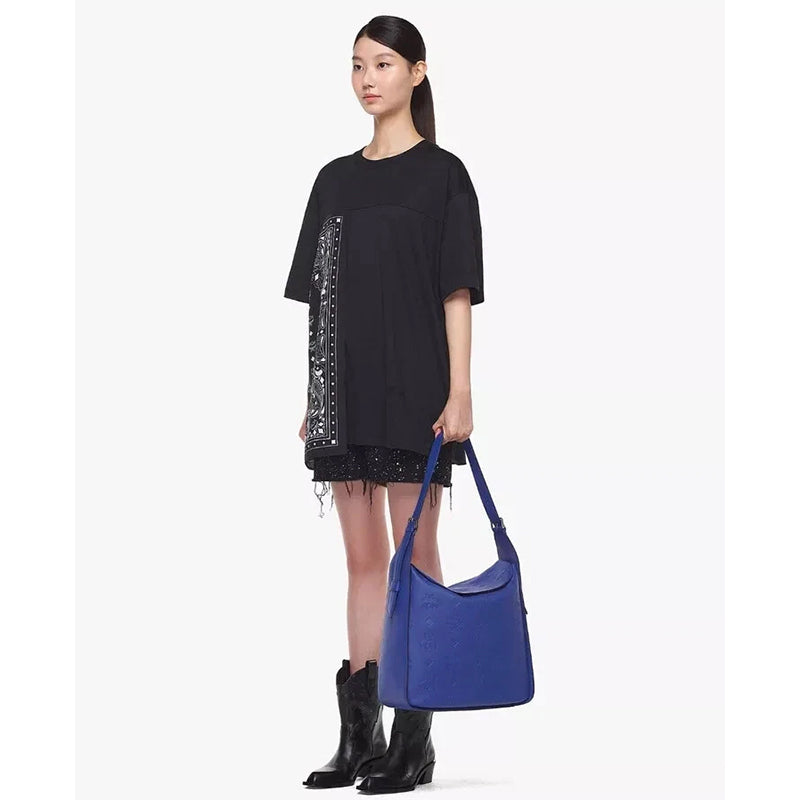 NEW $1,190 MCM Sodalite Blue LARGE AREN FLAP HOBO Logo MONOGRAM LEATHER BAG NWT