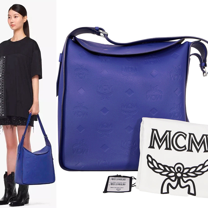 NEW $1,190 MCM Sodalite Blue LARGE AREN FLAP HOBO Logo MONOGRAM LEATHER BAG NWT