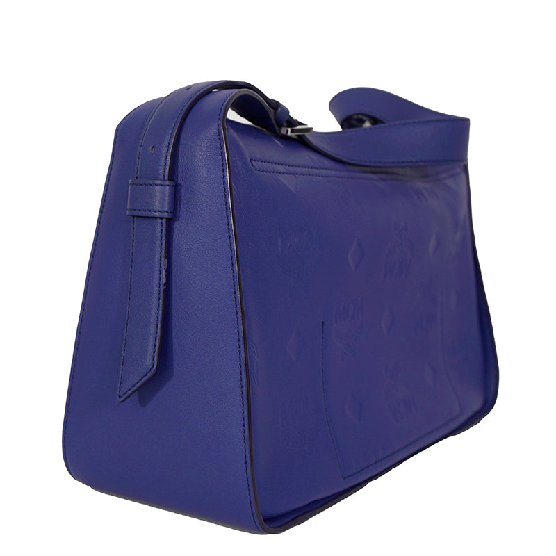 NEW $1,190 MCM Sodalite Blue LARGE AREN FLAP HOBO Logo MONOGRAM LEATHER BAG NWT